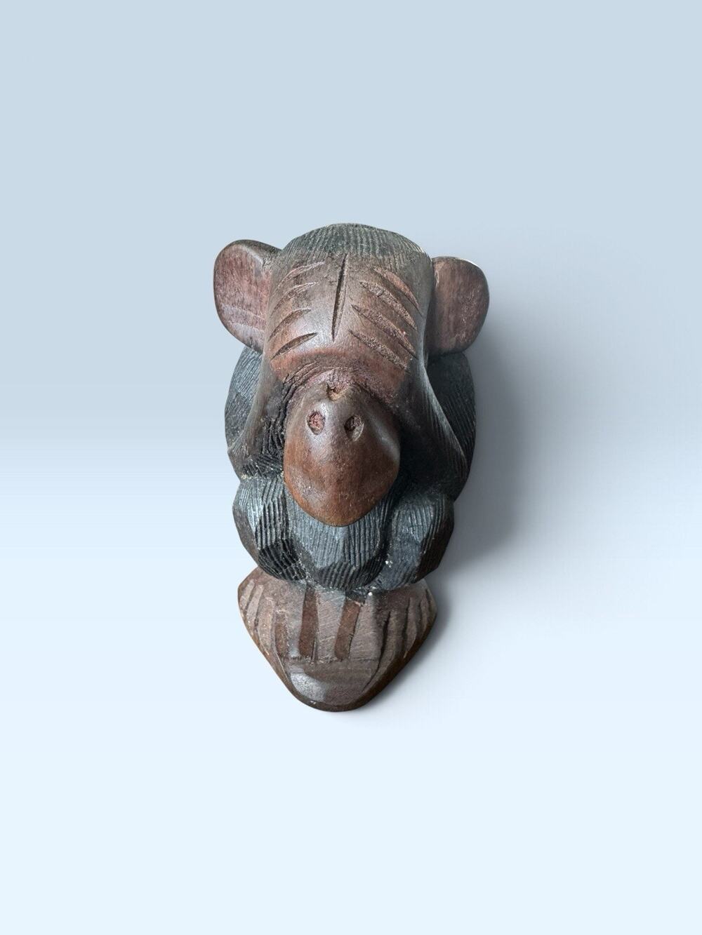 Hand Carved Monkey Figurine Wooden Statue Hear No Evil Chimpanzee Primate 5”